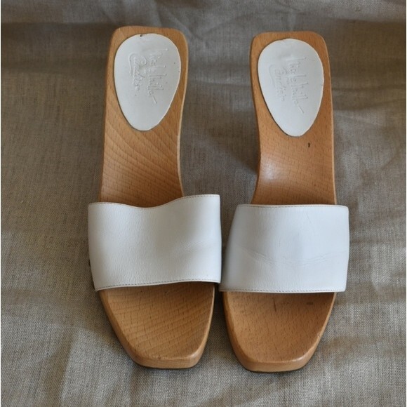 Vtg 90s Nicole Miller for Candies White Leather Wood Heel Slides Sz 8 - Picture 6 of 8